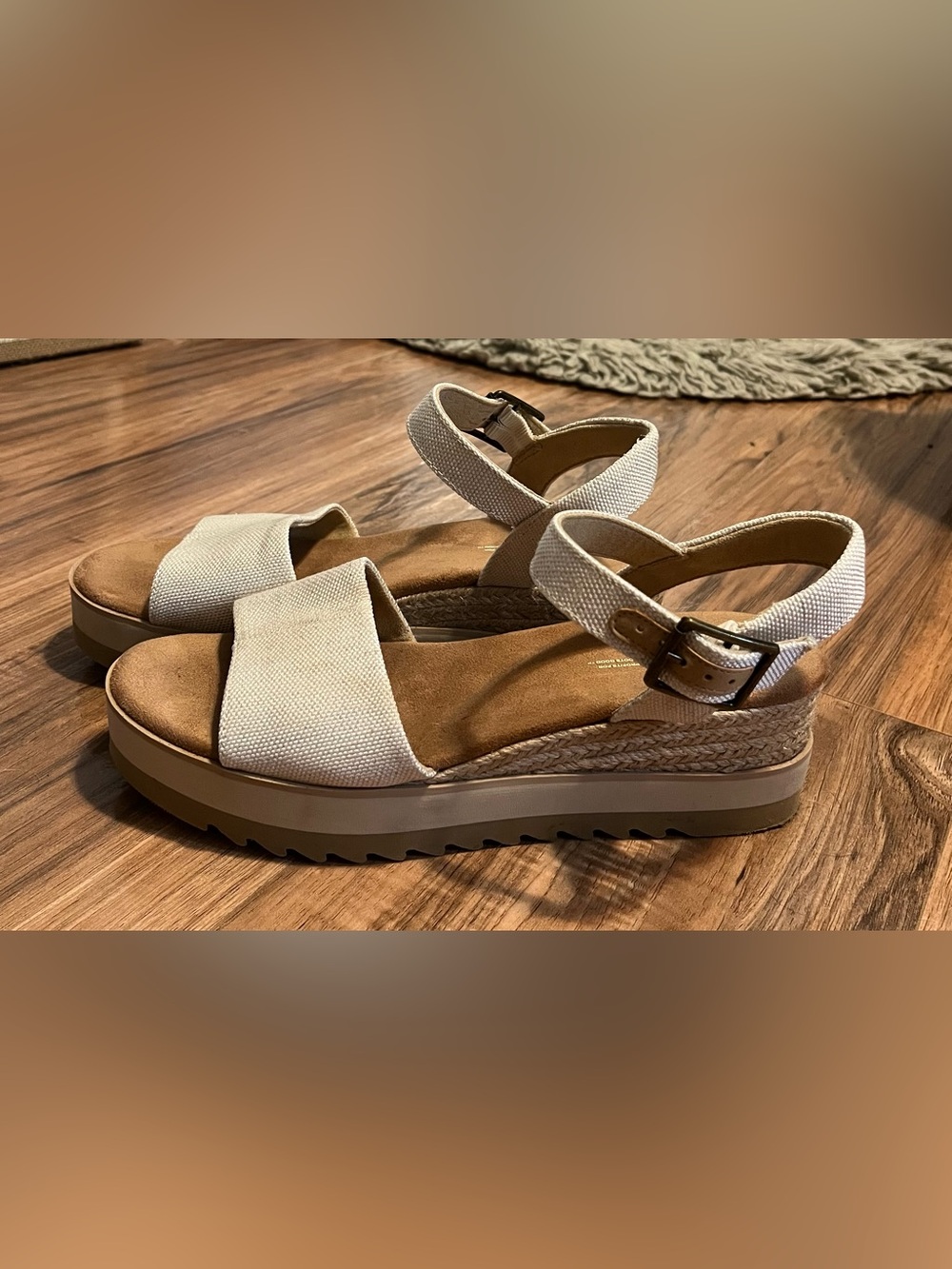 Toms Beige Canvas Ankle-Strap Wedge Sandals